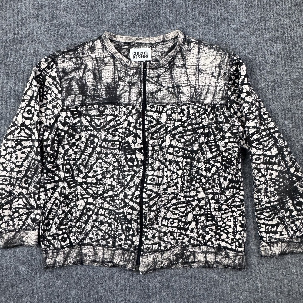 Chico's Design Jacket Womens 1 Small Black White VTG Batik Art To Wear Full Zip - Picture 9 of 9